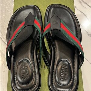 Gucci Black Sandals with Green and Red Stripes